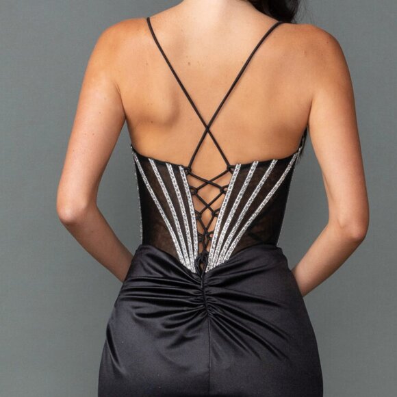 New Beads Embellished Prom Satin Dress w/ Gathered Waist & Lace Up Back DQ 4538 - Picture 7 of 8